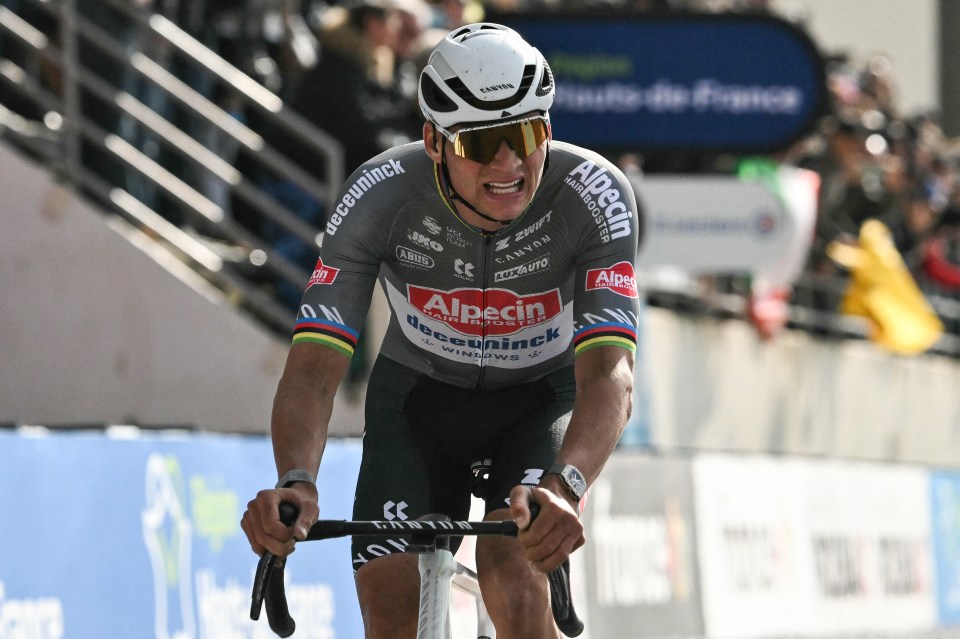 Mathieu van der Poel winning the Paris-Roubaix cycling race.