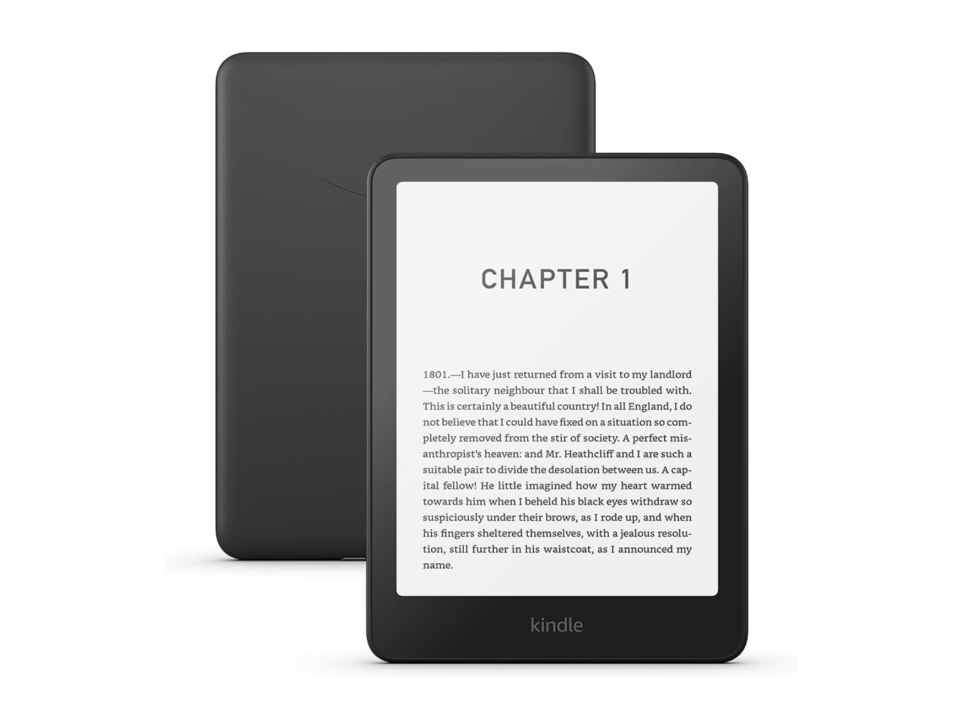 Black Kindle e-reader displaying text from Chapter 1 of a book.