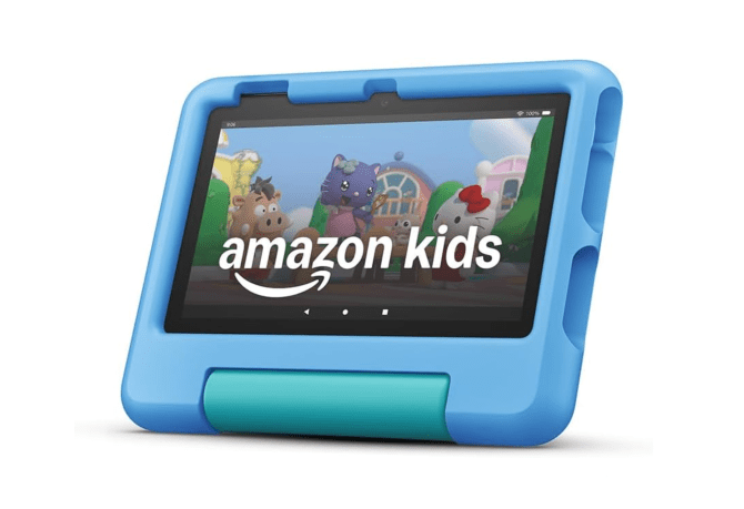 Amazon Kids Fire tablet in a blue case.