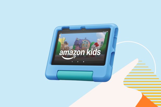 Amazon Kids tablet in a blue case.