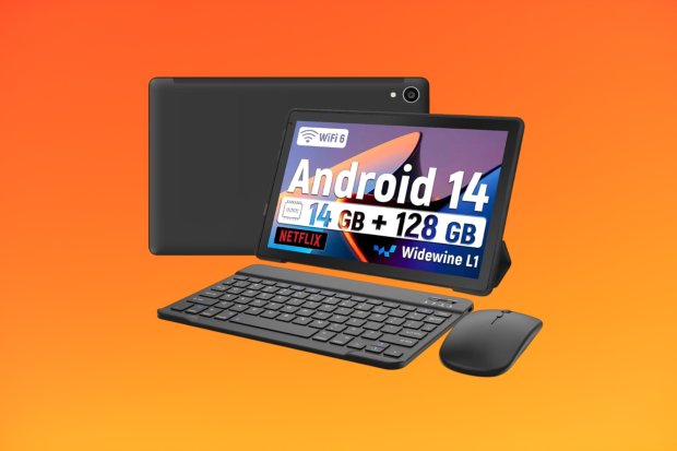 Android 14 tablet with keyboard and mouse.