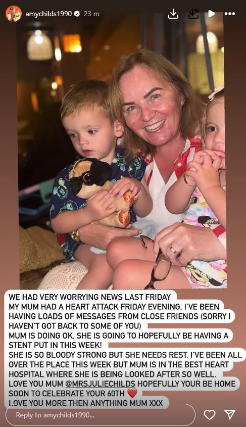 Photo of a woman with her two young children; caption explains that her mother had a heart attack.