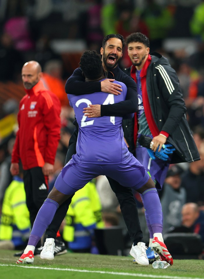 Andre Onana of Manchester United celebrates with a teammate.