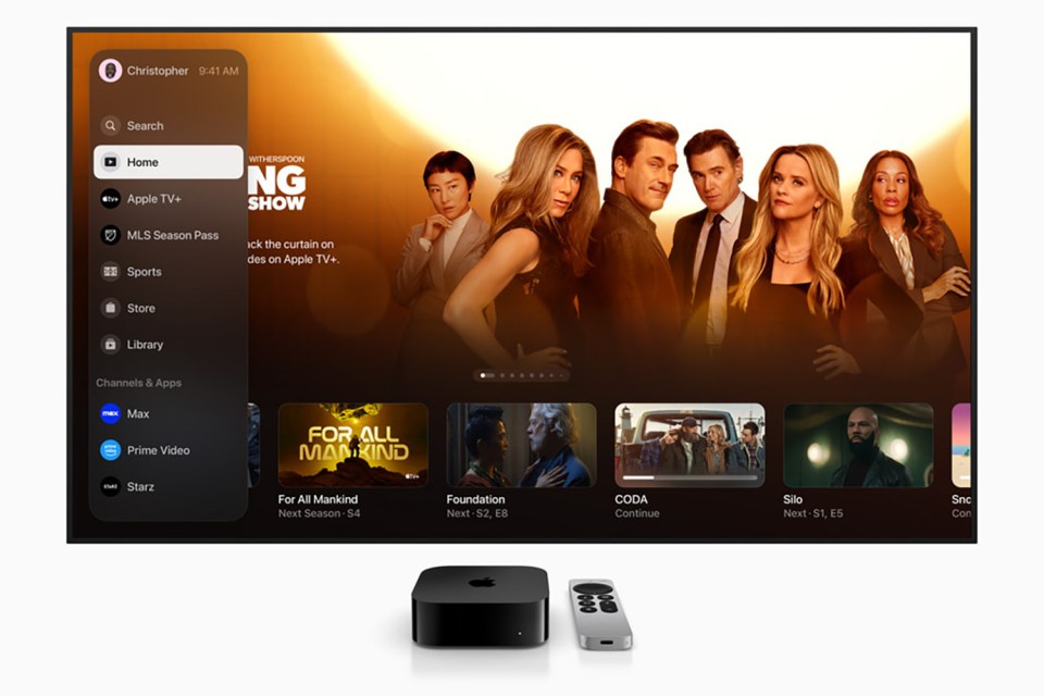 Apple TV+ interface showing various streaming options and shows.