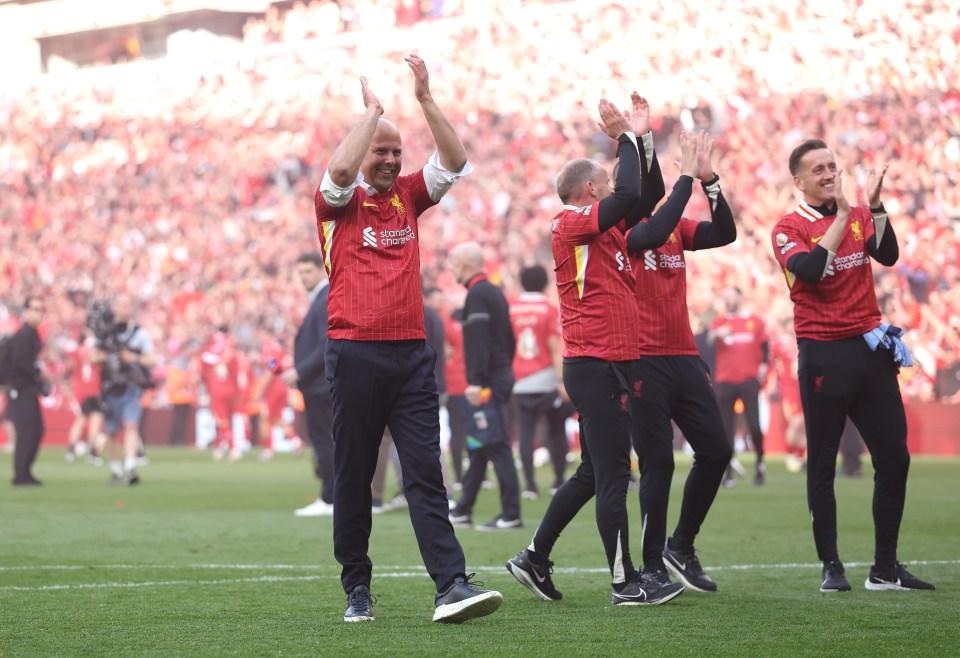 Liverpool manager Arne Slot celebrates a Premier League victory.