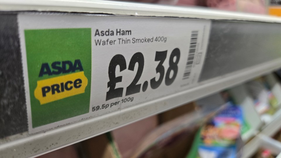 Asda price label for wafer thin smoked ham (400g) costing £2.38.