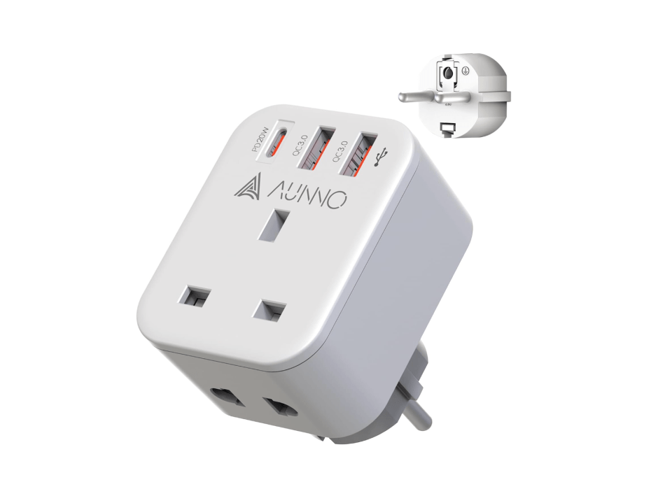 Aunno travel plug adapter with three USB ports.