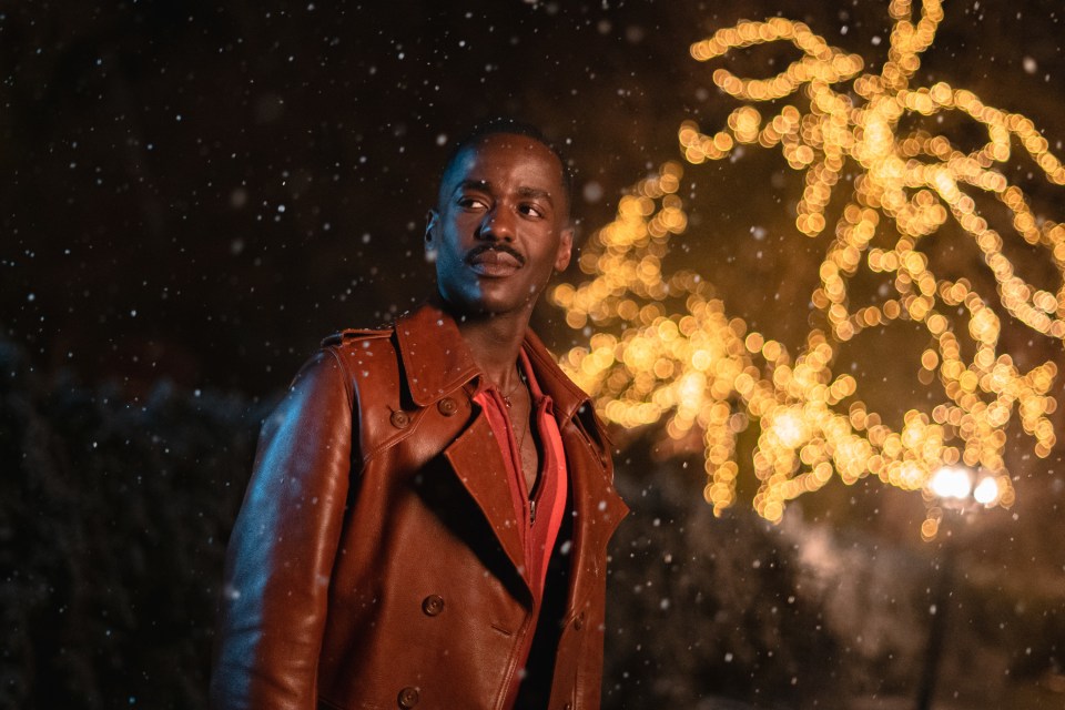 Ncuti Gatwa as the Doctor in Doctor Who, standing in the snow at night.