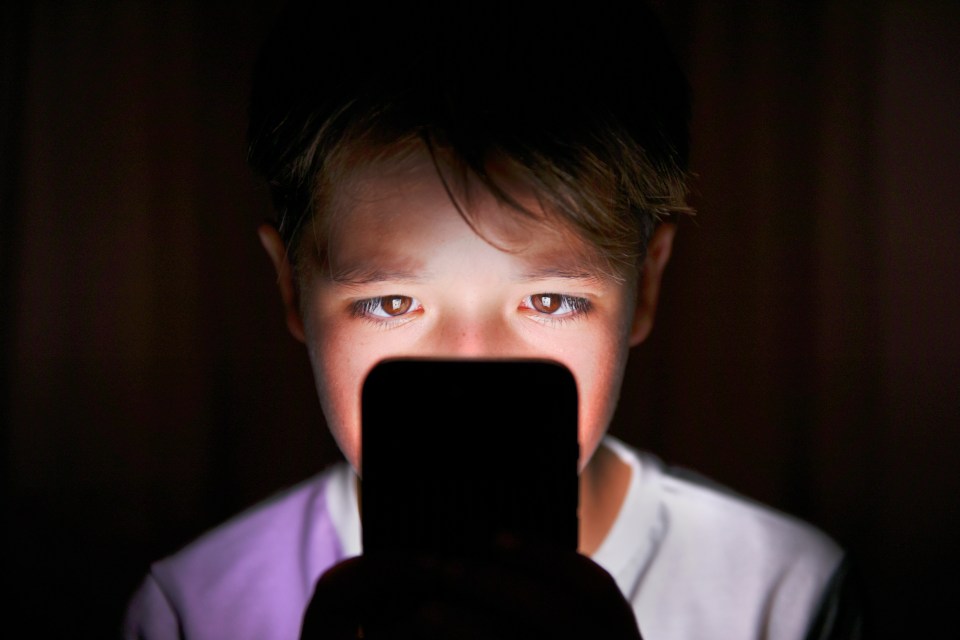 Boy looking at a cellphone in the dark.
