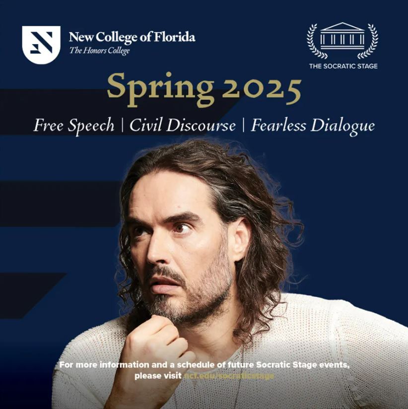 Russell Brand speaking at New College of Florida's Socratic Stage, Spring 2025.