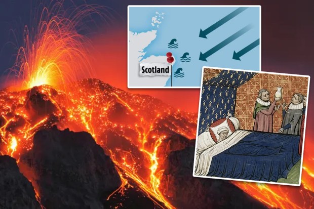 Collage of a volcanic eruption, a map of Scotland with tsunami arrows, and a medieval illustration of a sick person.