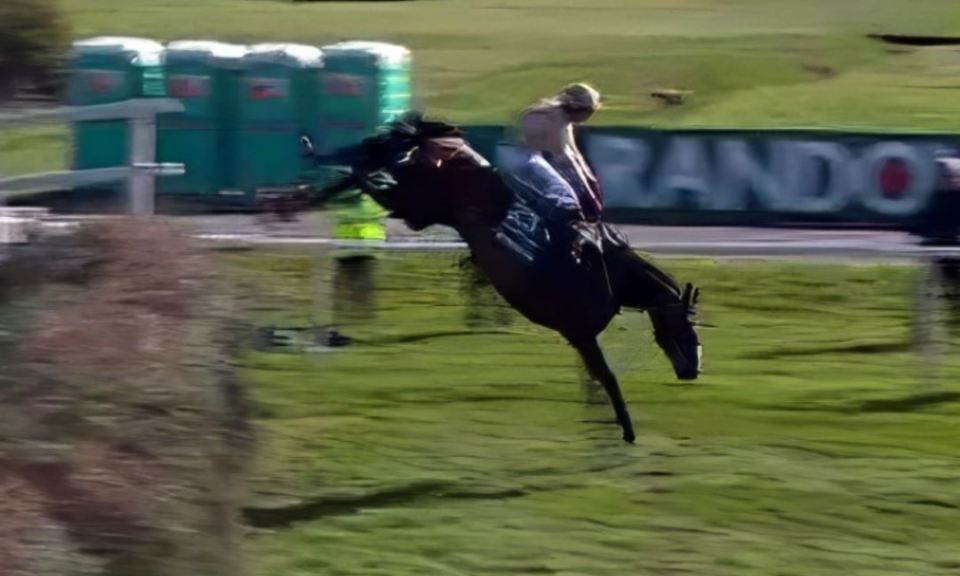 Jockey falling off horse.