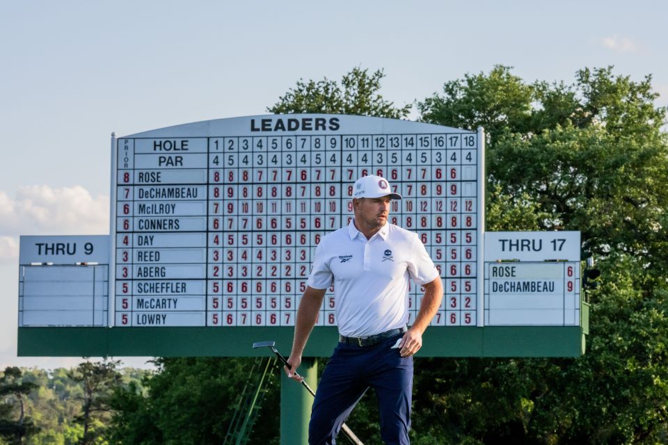 Bryson DeChambeau on the 18th green at the Masters Tournament.