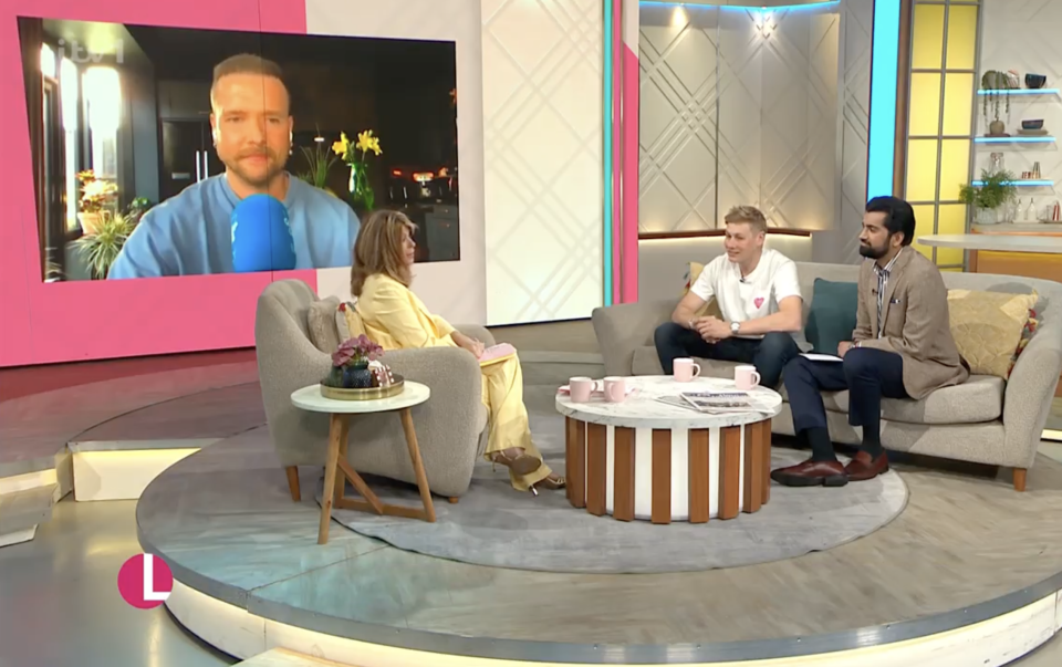 Chris Hughes' brother Ben on a talk show discussing Chris's relationship with JoJo Siwa.
