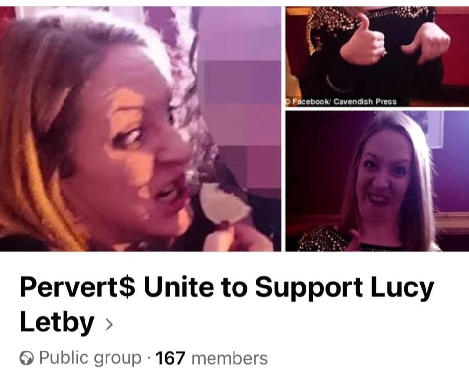 Screenshot of a Facebook group titled "Pervert$ Unite to Support Lucy Letby."