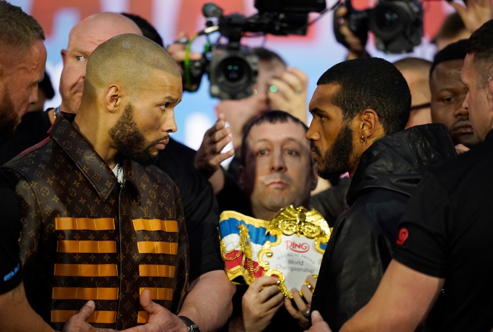 Chris Eubank Jr. and Conor Benn facing off at a press conference.