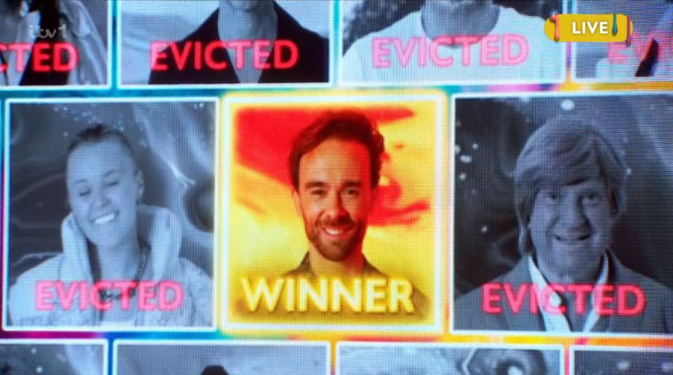 Screenshot of a game show screen showing the winner and several evicted contestants.