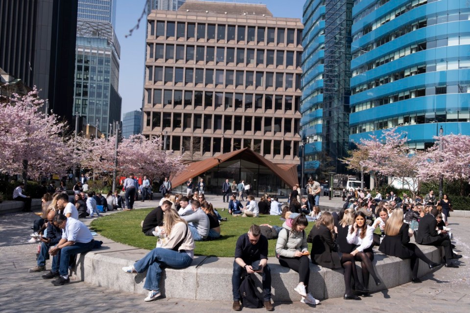 City office employees enjoy warm sunshine beneath spring cherry blossom in Aldgate Square in the City of London, the capital's financial district, on 24th March 2022, London, England. (Photo by Richard Baker / In Pictures via Getty Images)