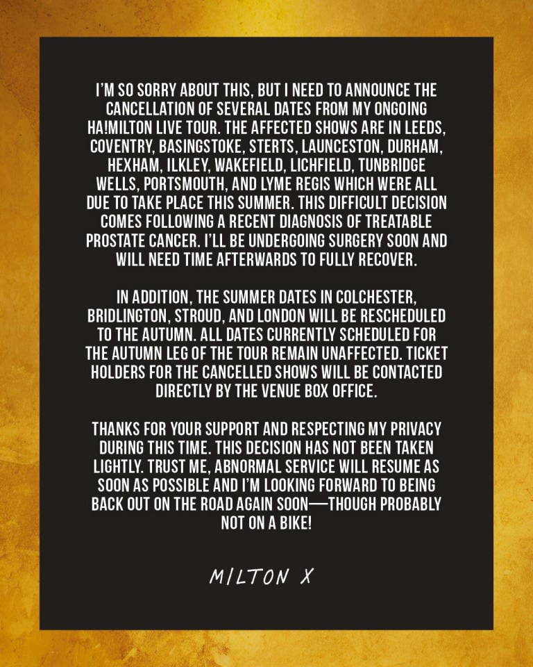 Milton Jones announces tour cancellations due to prostate cancer diagnosis.