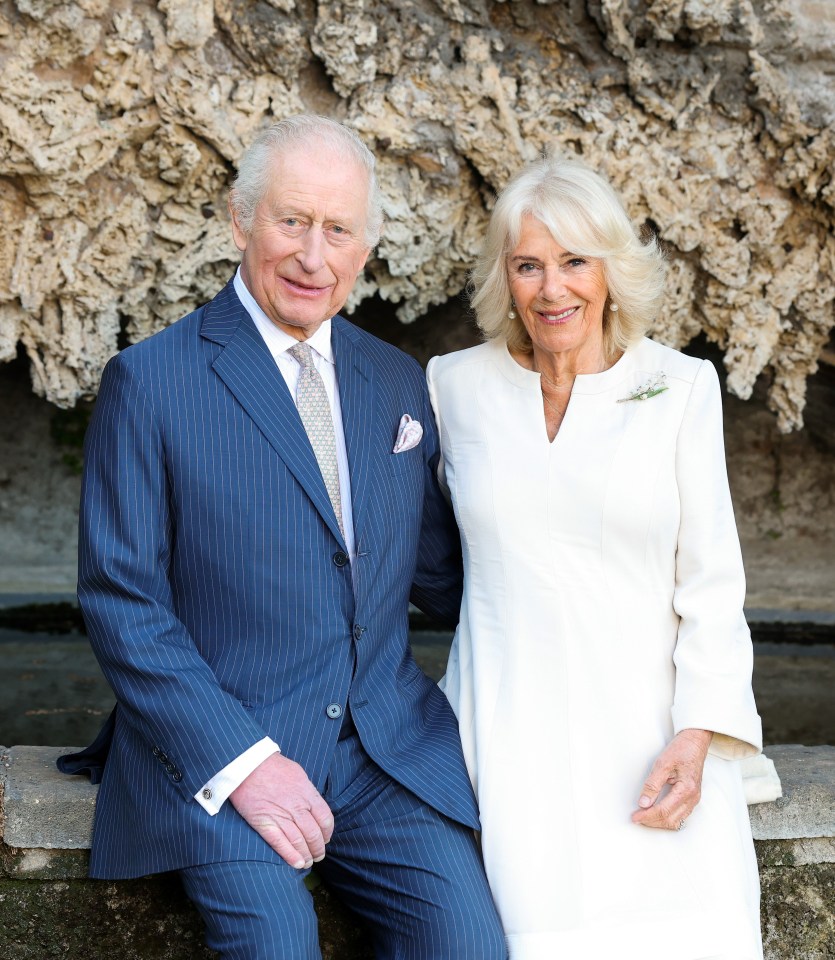 Portrait of King Charles III and Queen Camilla.