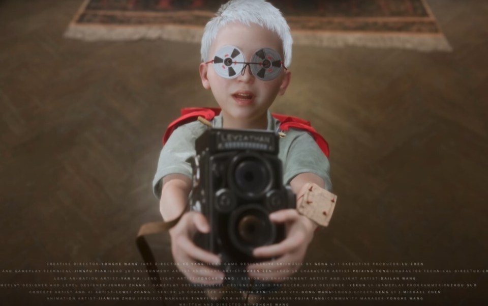 Illustration of a young boy holding a vintage camera, wearing glasses made of vinyl records.