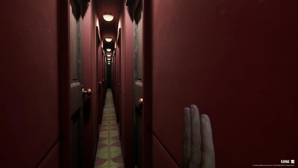 Screenshot from KARMA: The Dark World game showing a long, dark hallway with many doors.