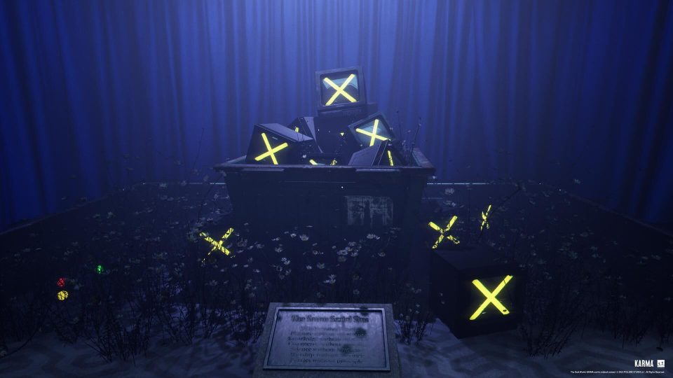 Illustration of a dumpster filled with old TVs displaying a glowing X, surrounded by flowers and a plaque listing the seven deadly sins; from the game KARMA: The Dark World.