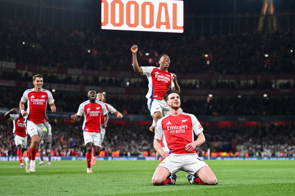 Declan Rice of Arsenal celebrates scoring a goal.