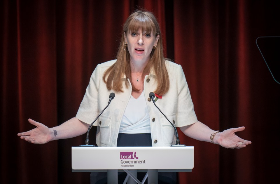 Angela Rayner speaking at a podium.