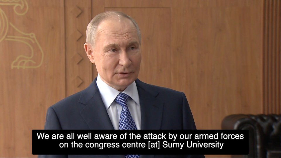 Vladimir Putin addressing the attack on Sumy University.