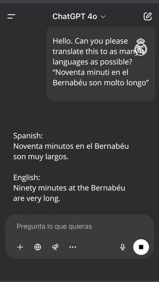 Screenshot of ChatGPT translating "Noventa minuti en el Bernabéu son molto longo".