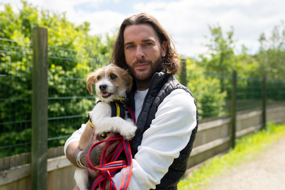 Pete Wicks holding a small dog at a dog rehoming center.