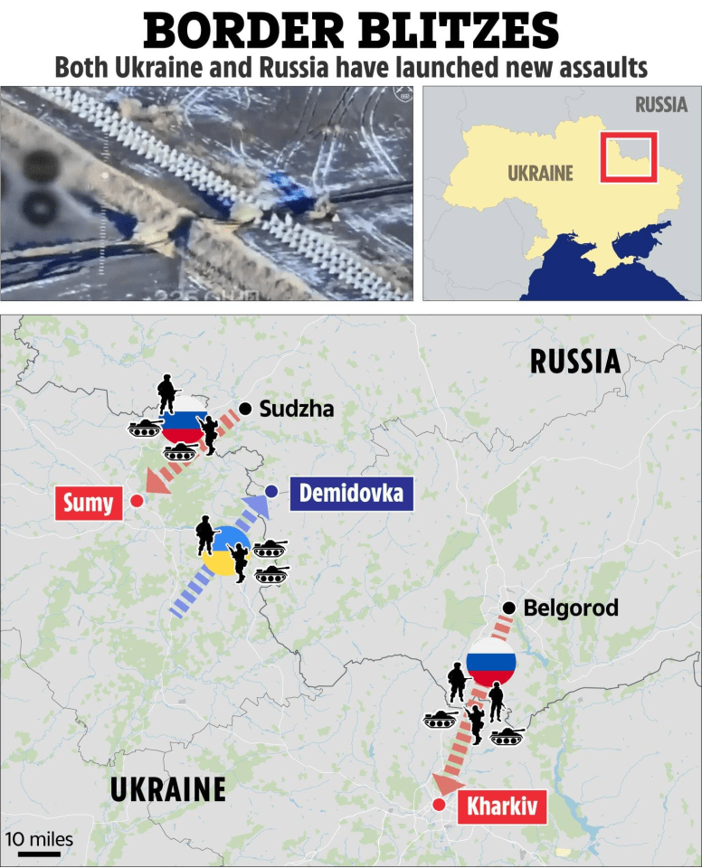 Illustration of Ukraine-Russia border assaults near Sumy and Kharkiv.