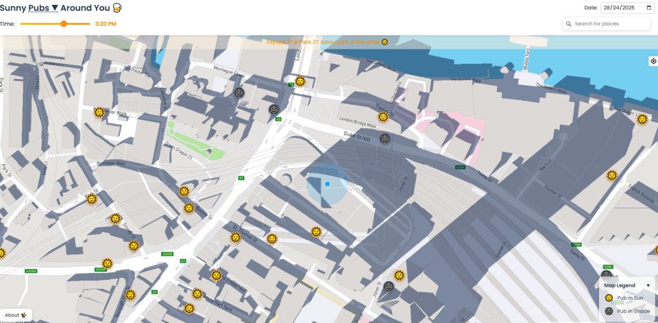 Map showing 21 sunny pubs in a UK city.