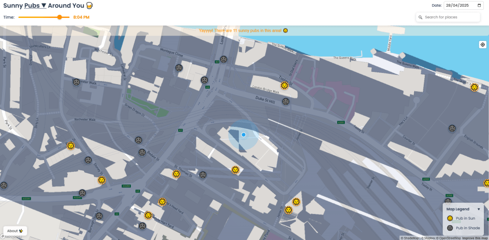 Map showing 11 sunny pubs in London.