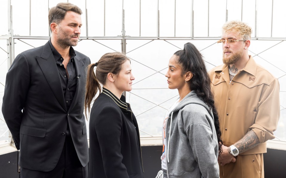 Eddie Hearn, Katie Taylor, Amanda Serrano, and Jake Paul at a press event.