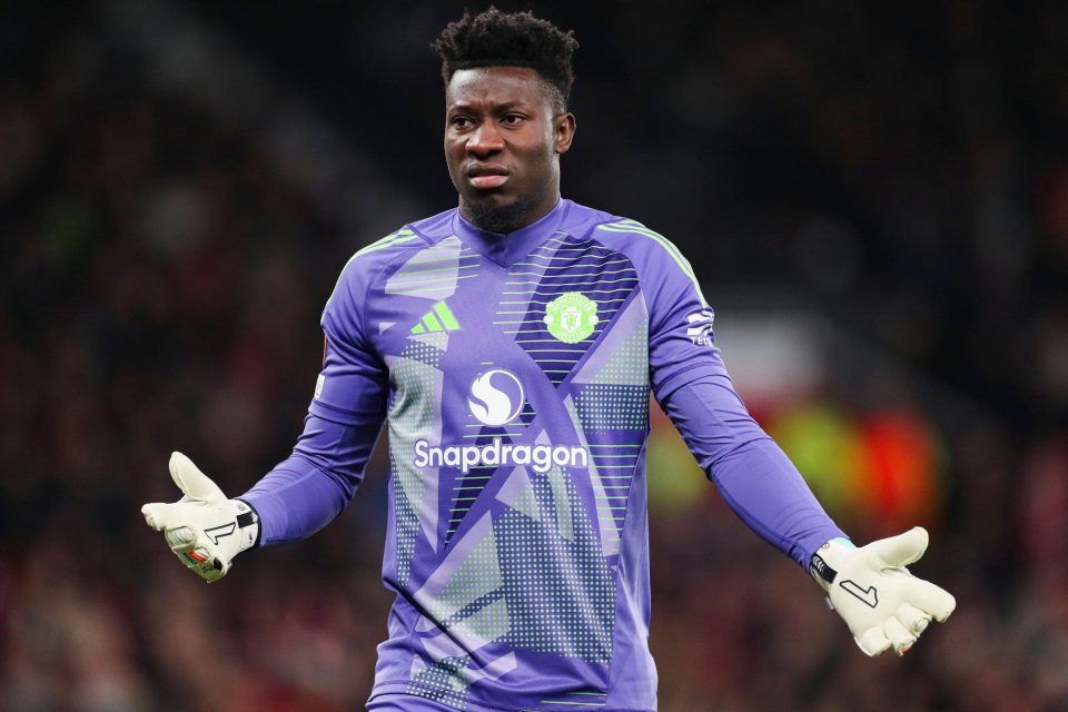 Andre Onana, Manchester United goalkeeper, reacting to a penalty VAR decision.
