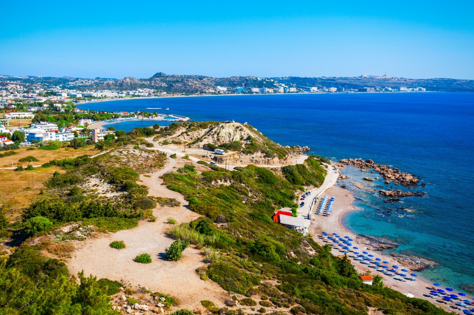 Aerial panoramic view of Faliraki beach in Rhodes, Greece.