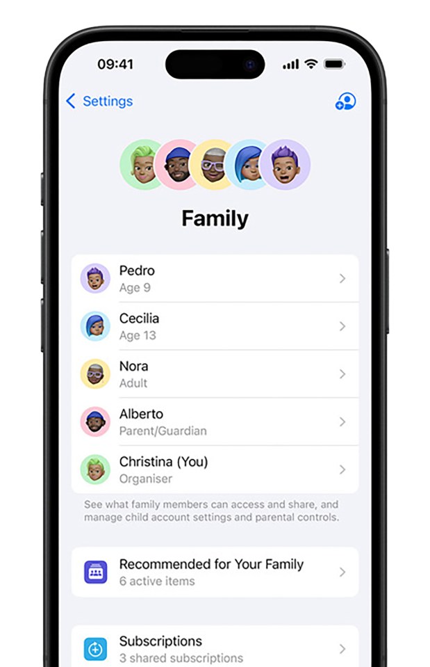 iPhone screen showing a family sharing settings page.