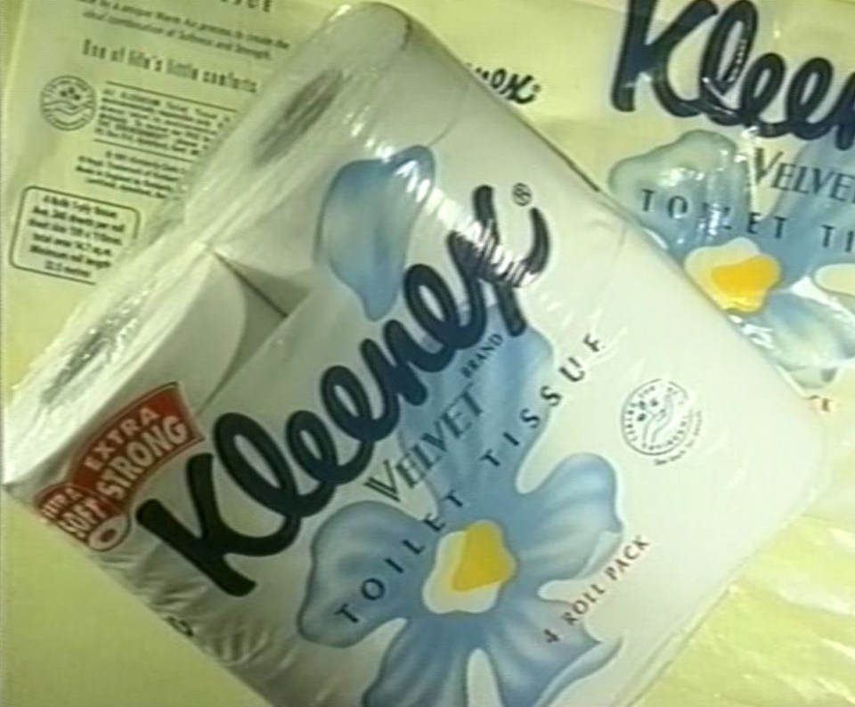 Four-roll pack of Kleenex Velvet toilet tissue.