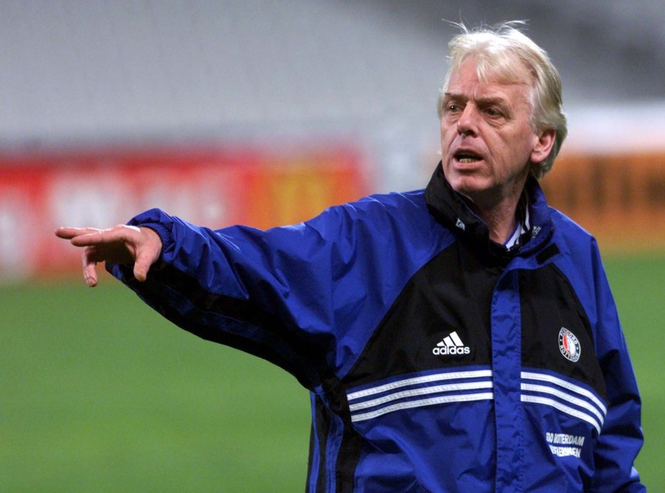 Feyenoord Rotterdam soccer team coach Leo Beenhakker instructing players.
