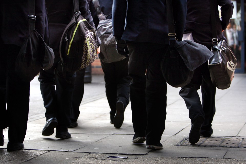 Rear view of school children walking away from the camera.