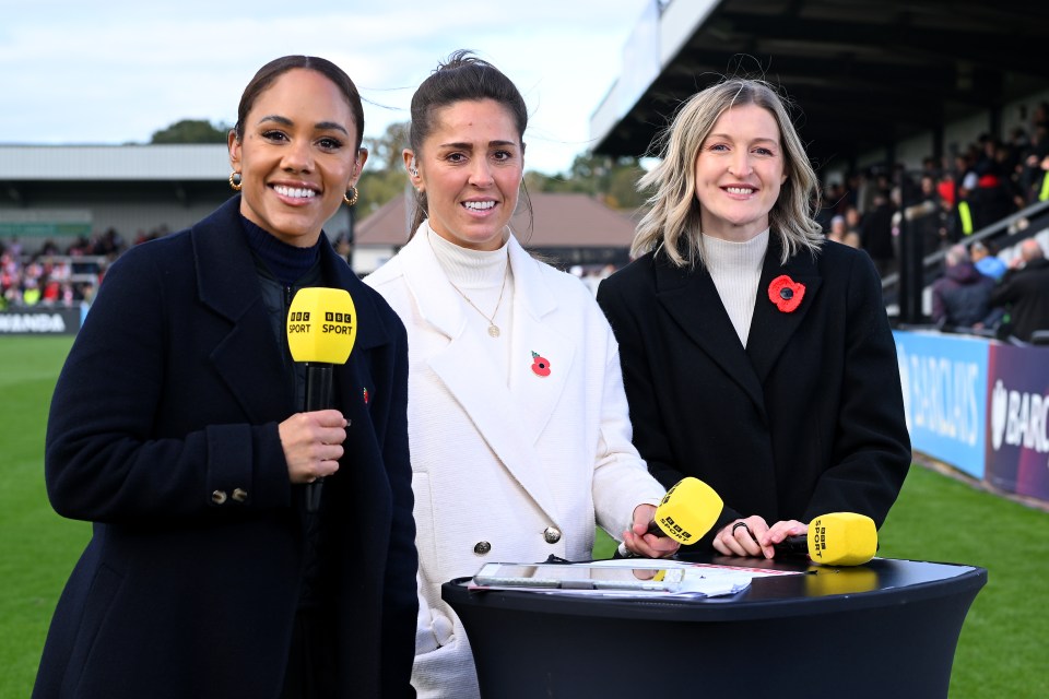 Alex Scott, Fara Williams, and Ellen White, former Arsenal players, at a BBC Sport broadcast.