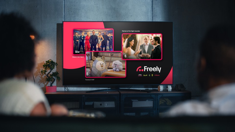 TV screen displaying various shows available on Freely streaming service.