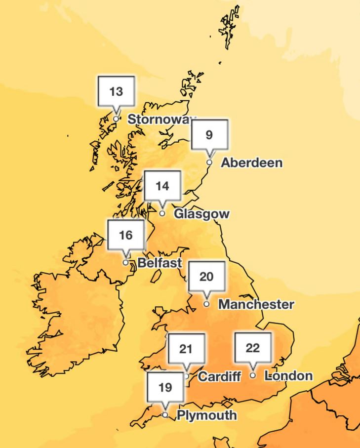 Map of UK showing predicted high temperatures.