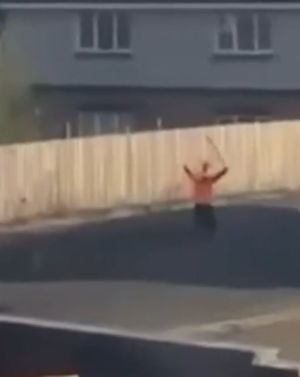 Person holding a stick on a rooftop.