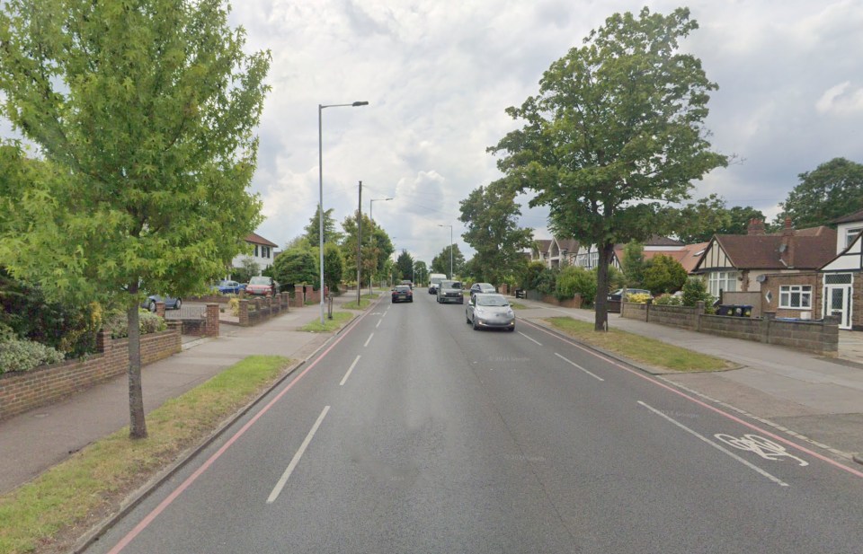 Street view of a residential road with cars and houses.