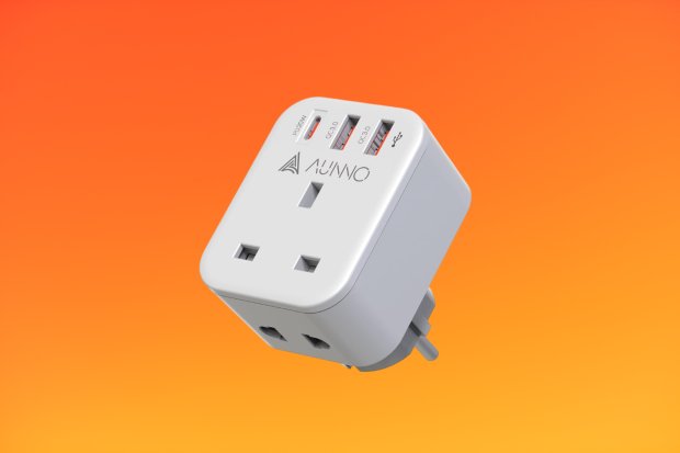 White AUINNO three-port USB wall adapter.