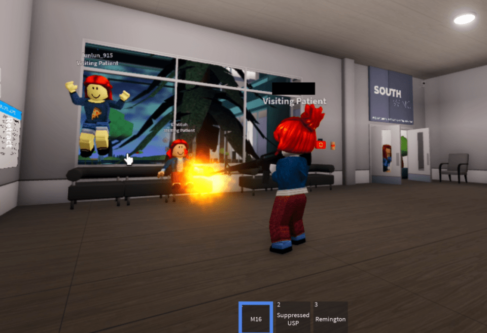 Roblox game screenshot: a player shooting another player in a hospital waiting room.
