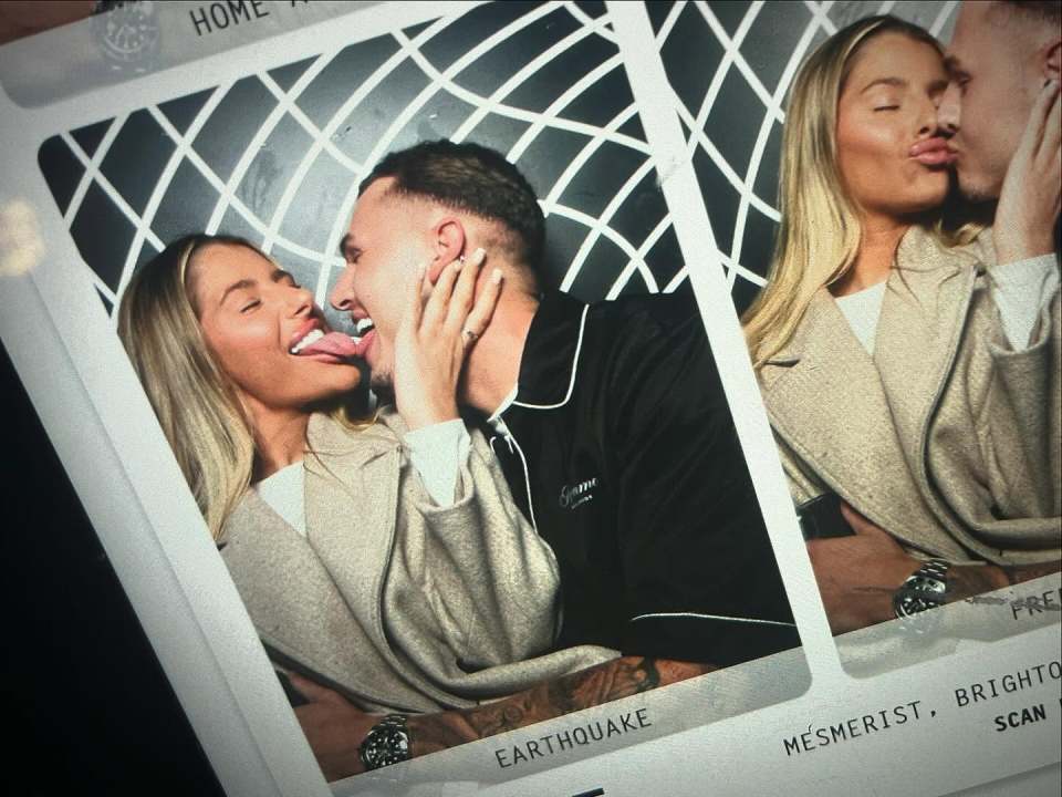 Photo booth photos of a couple playfully kissing.